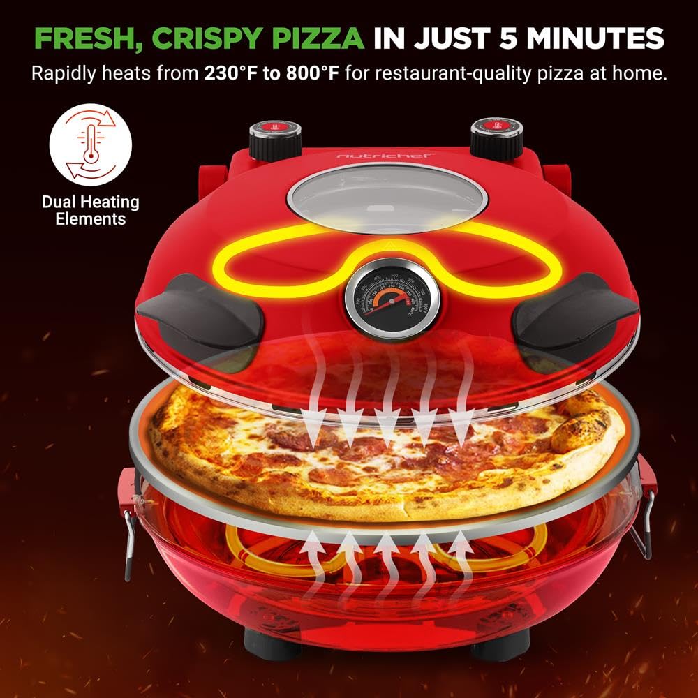 NutriChef Elektryczny piekarnik do pizzy, 1200 W, z kontrolą temperatury i termometrem, okno do precyzyjnego gotowania, podgrzewa do 800 °F, łatwa do czyszczenia, powłoka nieprzywierająca, kolor