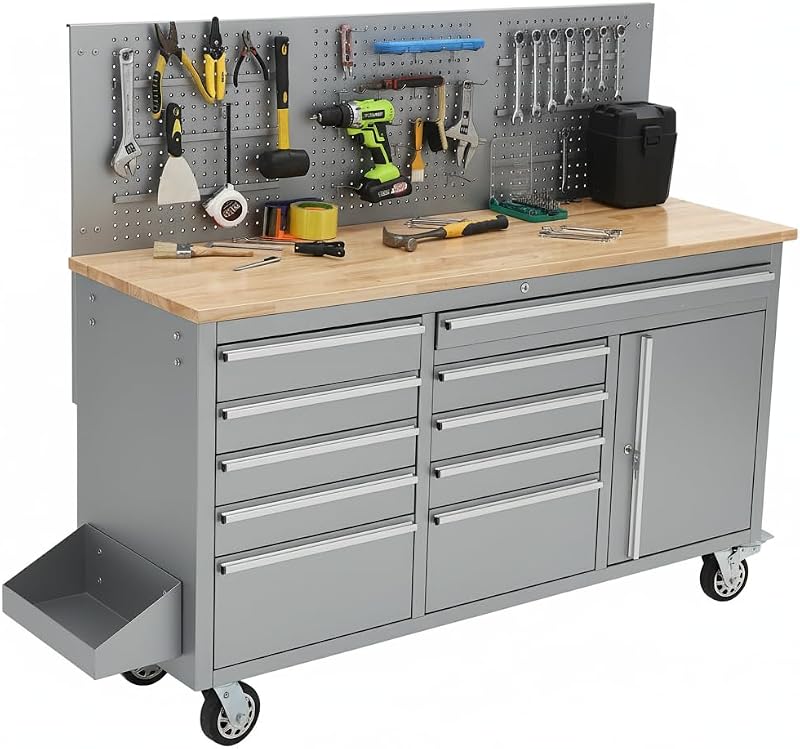 GAOMON 61-inch Rolling Tool Chest, 10 Drawers Garage Workbench Storage Tool Cabinet with Power Strip, Solid Rubber Wood Top, 1675 LBS Load Mobile Workstation, Heavy Duty Rolling Cabinet, Silver