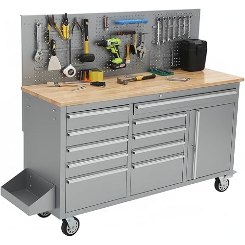 GAOMON 61-inch Rolling Tool Chest, 10 Drawers Garage Workbench Storage Tool Cabinet with Power Strip, Solid Rubber Wood Top, 1675 LBS Load Mobile Workstation, Heavy Duty Rolling Cabinet, Silver