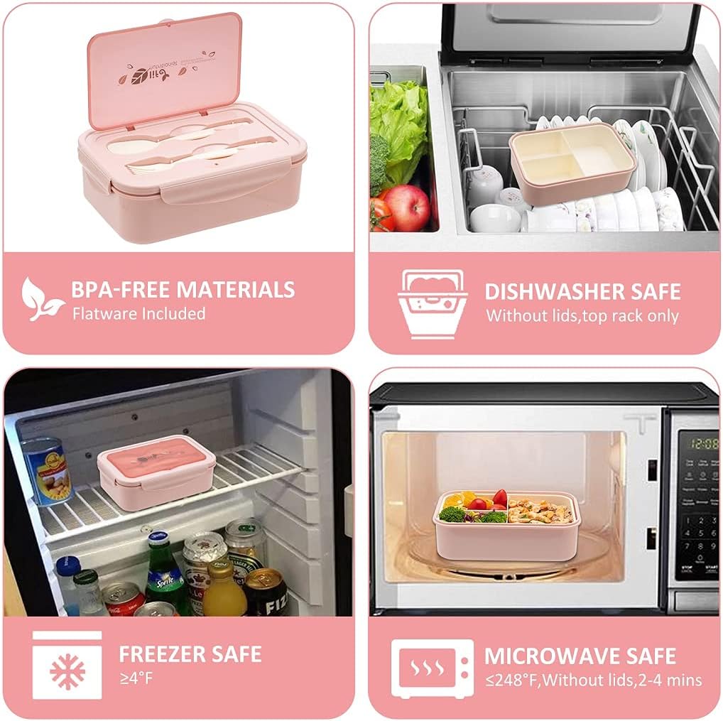 Bento Box For Adults Kids - 1100ML All-in-One Premium Japanese Bento Lunch Box Container With Utensil, Eco-Friendly, Micro-Wave Dishwasher Freezer Safe (Pink) -