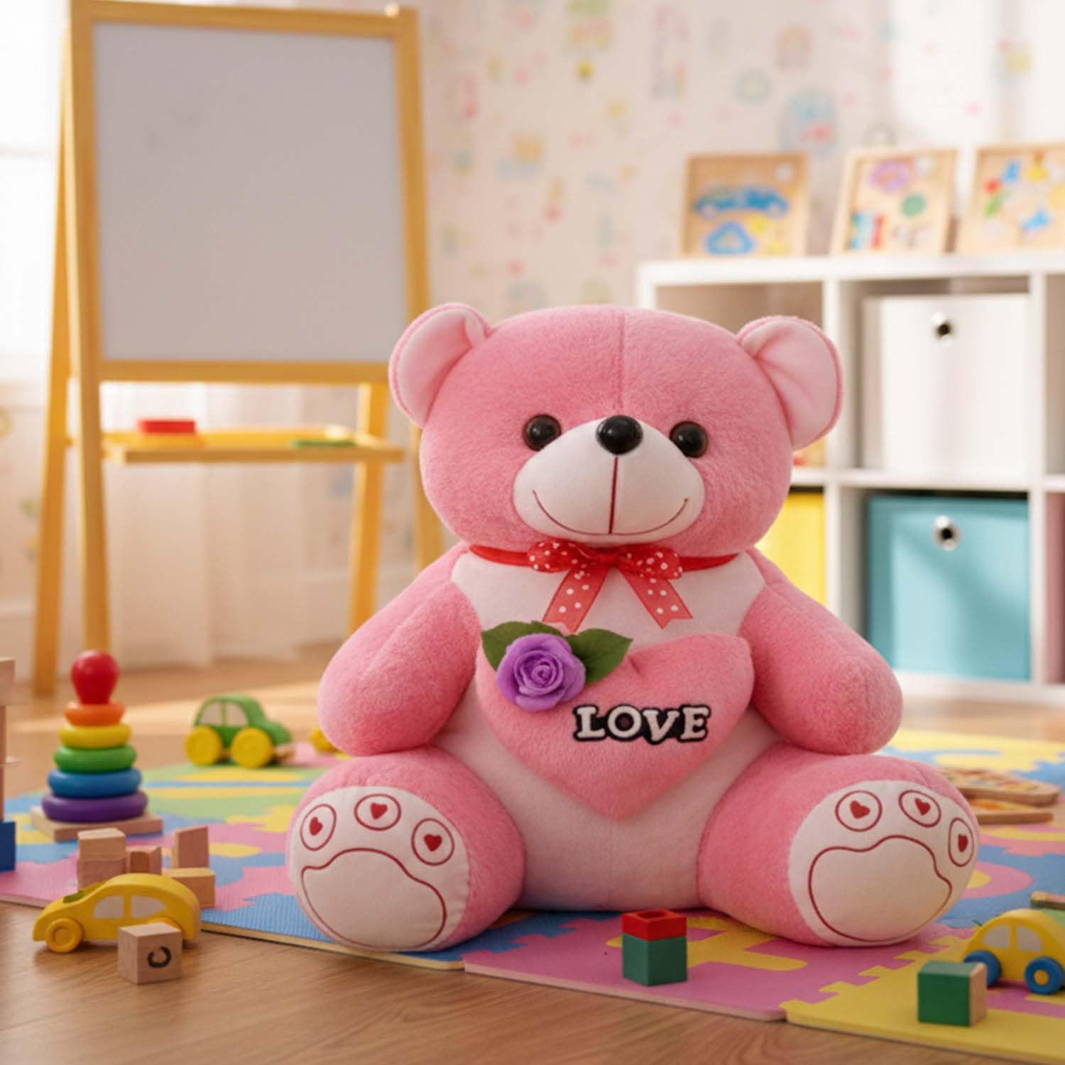 ALVERO Premium Soft Plush Teddy Bear, Assorted Love Text Embroidered Heart Stuffed Toy, Romantic Gift for Girlfriend, Wife, Valentine, Anniversary & Birthday (Pink (25x38cm))