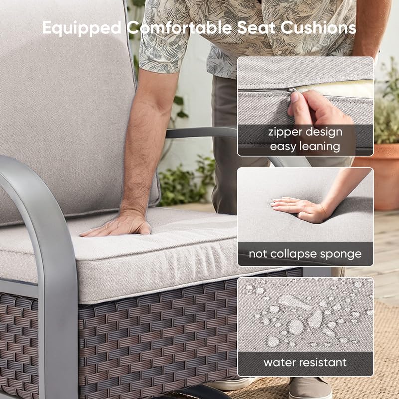 Image of 3 Piece Outdoor Patio Wicker Swivel Rocker Chairs with Table, Beige Cushion | Metal Wide Armrest, Wicker Outdoor Furniture Set, Water-Resistant, Fade-Resistant, Removable Cover, Stain-Resistant