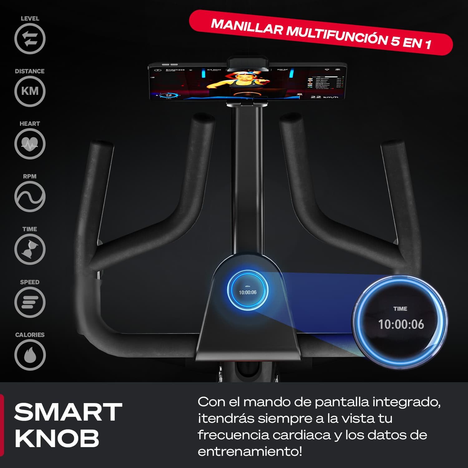 Sportstech sBike Lite - Bicicleta estática inteligente con LED + aplicación con cursos en vivo y bajo demanda y soporte de tableta de 360° para entrenamiento completo del cuerpo, ergómetro para