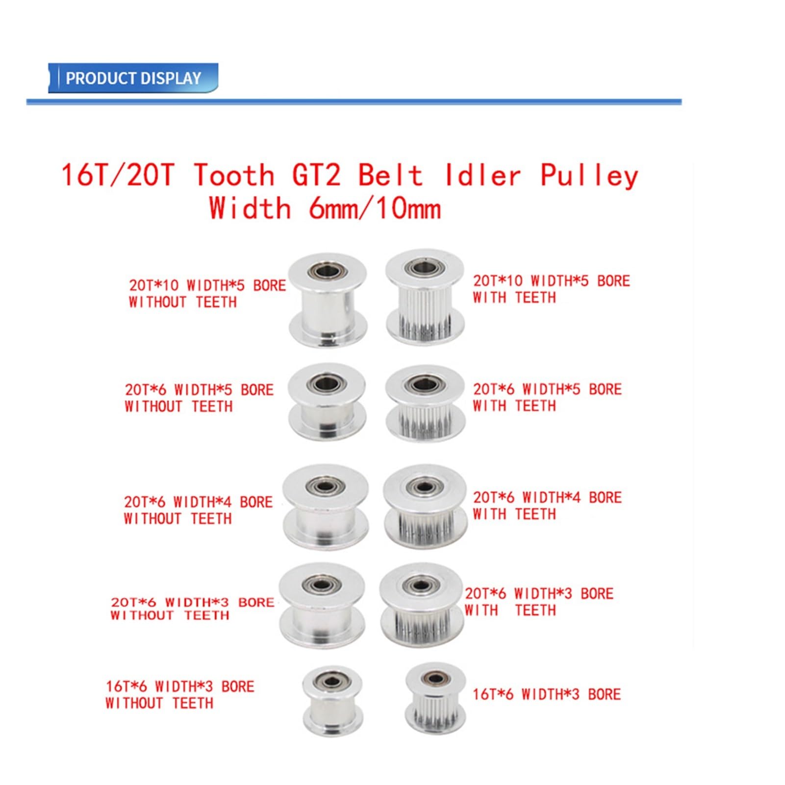 SSIMOO 16T/20T GT2 Synchronrad Riemenscheibe Aluminium Zahnriemen Rundriemen Glatte Umlenkrolle mit/ohne Zahn 3D-Drucker Zubehör Kindly (Size : 20T 6W 3B, Color : 10 Pcs-with Teeth)
