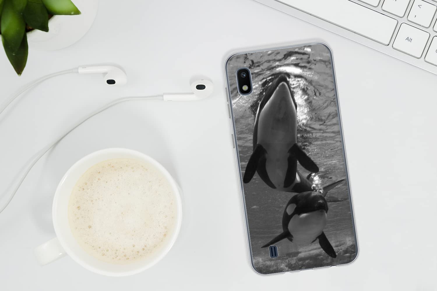 MuchoWow Funda para Samsung Galaxy A10 - Dos orcas bajo el Agua - Blanco y Negro - Funda de Silicona/Funda Blanda para teléfono móvil