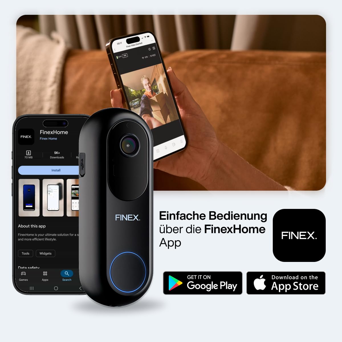 FINEX Video Türklingel, inkl. Innenklingel & Batterien, Tag- & Nachtmodus, Ohne Abonnement, Kabellose Türklingel, T-Ring-Klingelton, Video-Türklingel mit Kamera (V2)