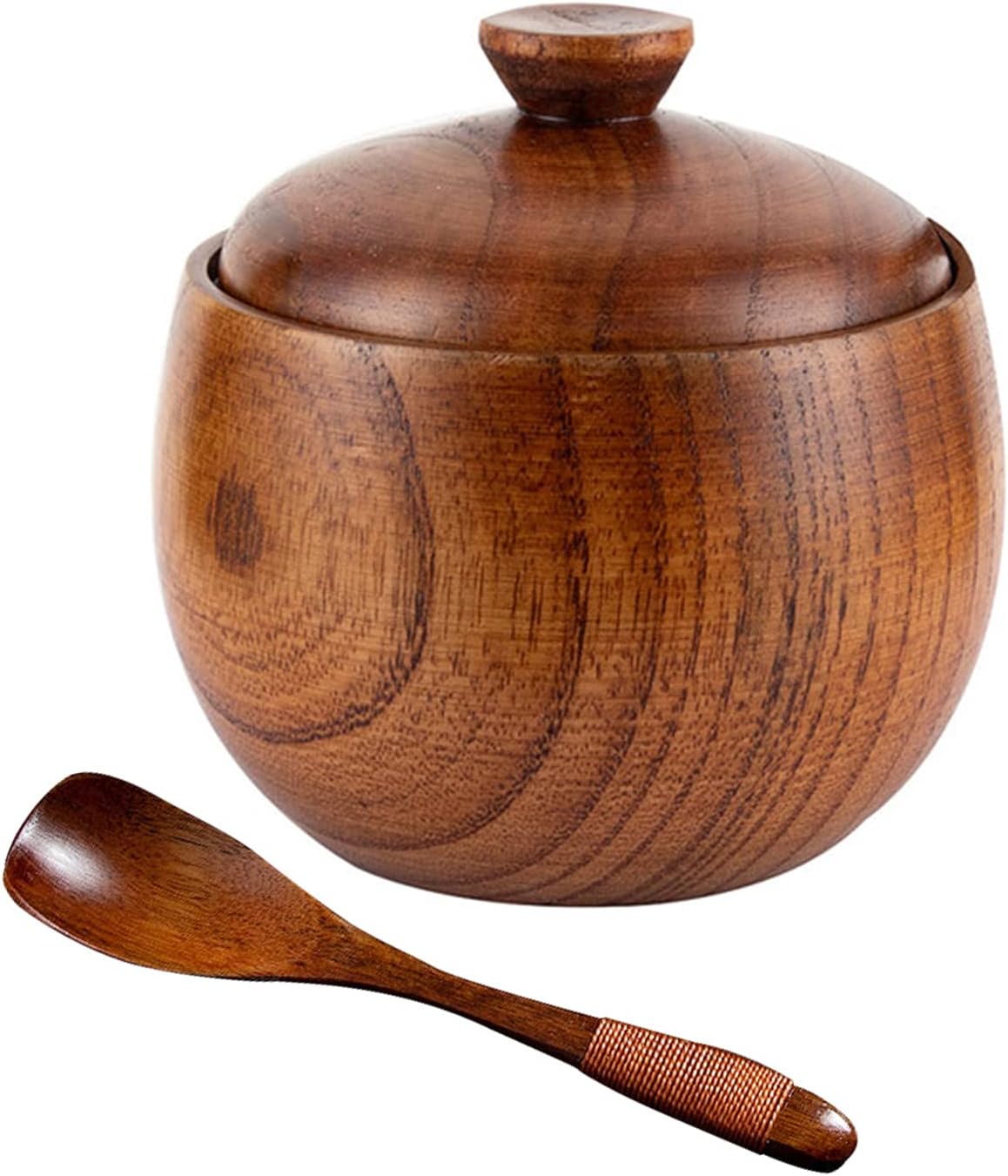 Salero Cocina de Madera Caja, Frascos de Especias Redondos,Tarro Condimento de Cocina, Caja Almacenamiento de Especias, Dispensador de Especias, Caja de sal con cuchara y tapa, para Cocina,Restaurante