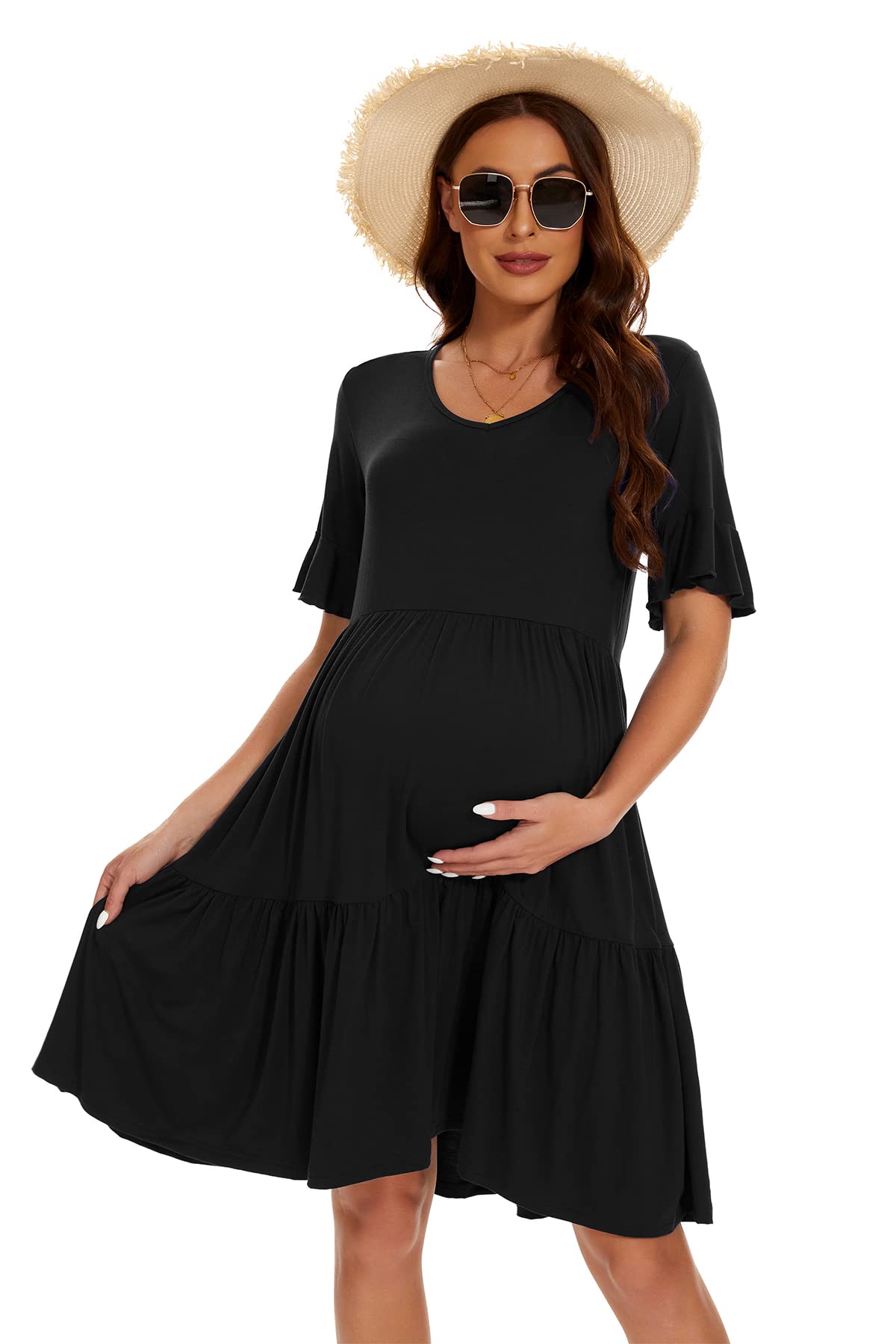 Smallshow Damska letnia sukienka ciążowa z krótkim rękawem O Neck Casual Ruffle Odzież ciążowa