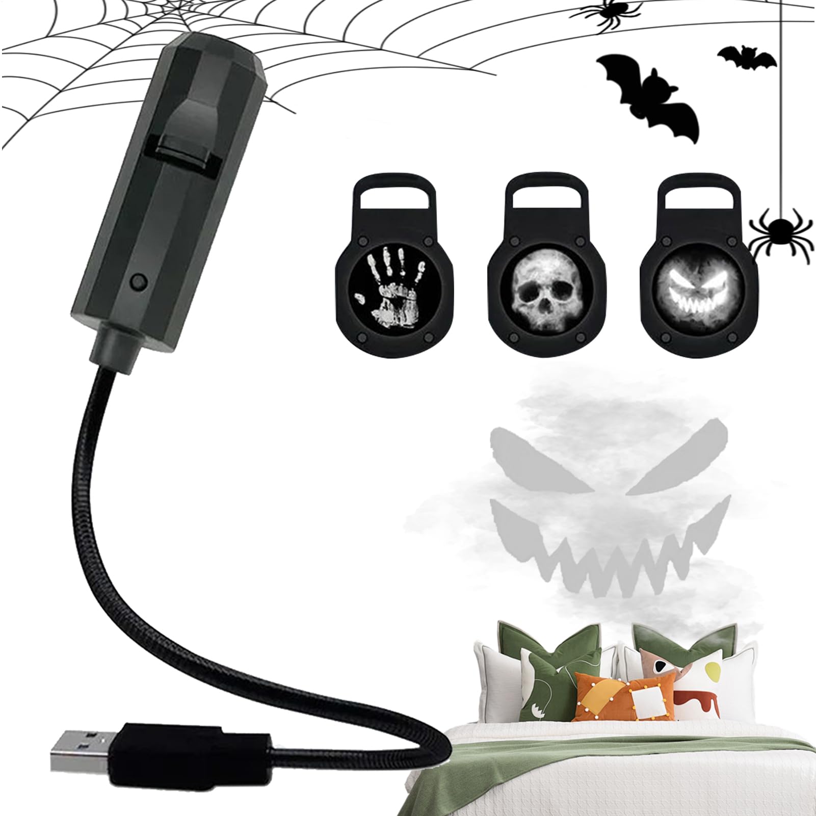 Halloween Projektor Lampe - 3 Modi Magnetischer Halloween Projektor mit Lichtshow | USB LED Totenkopf Handabdruck Geisterlampe 360° Drehbar