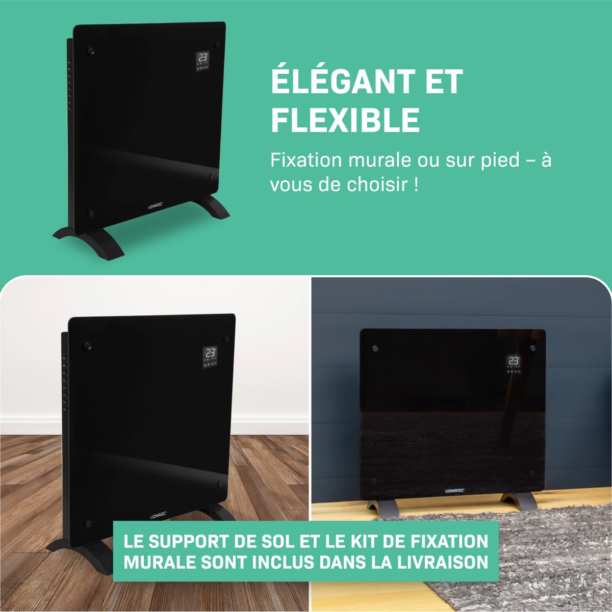VONROC Chauffage Électrique 1000W - Panneau Verre Noir- Wi-Fi & Manuel - LED, Thermostat, Minuterie, Sécurité Enfants - Silencieux, Convecteur Design pour Pièces jusqu’à 12m²