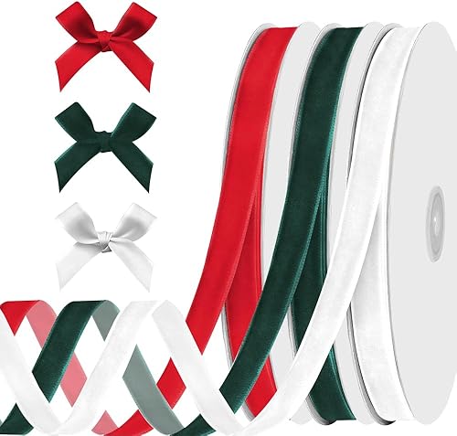 3 rollos de cinta de terciopelo de 38 pulgadas x 30 yardas de cinta de terciopelo rojo, blanco y verde, de Navidad, color rojo, verde, para envolver disponible en Yaxa Peru