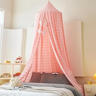 Bed Canopy for Girls Kids,Hanging Canopy Bed Curtains with Pom Pom,Ceiling Castle Mosquito Net Children Reading Nook Decoration(Pink)