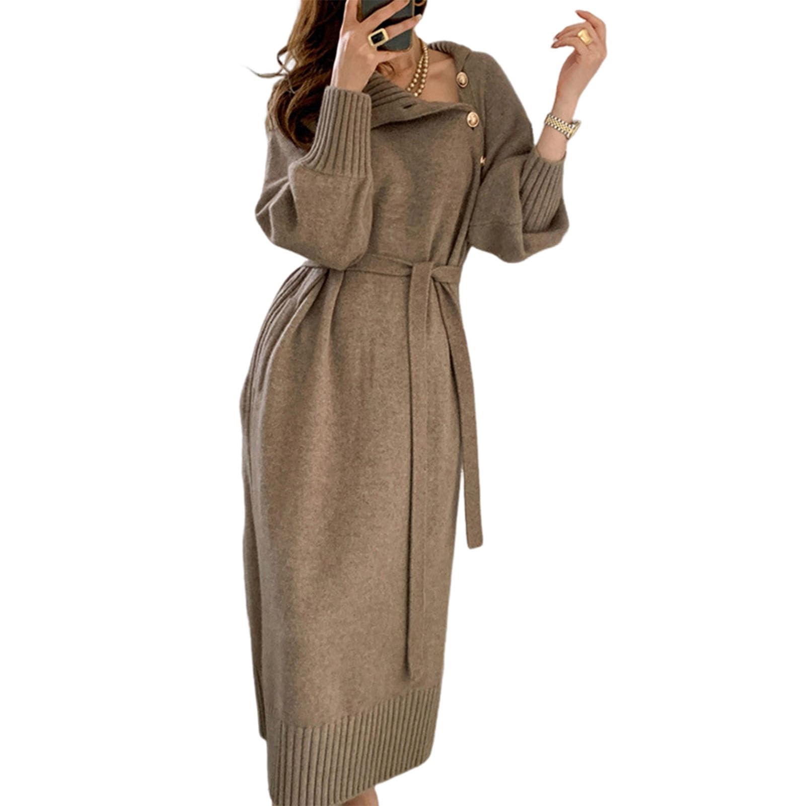 Robe midi en tricot à col roulé pour femme, col montant boutonné et manches longues. Texture en tricot côtelé, assortie à une ceinture réglable. Cette robe pull chic est un must have