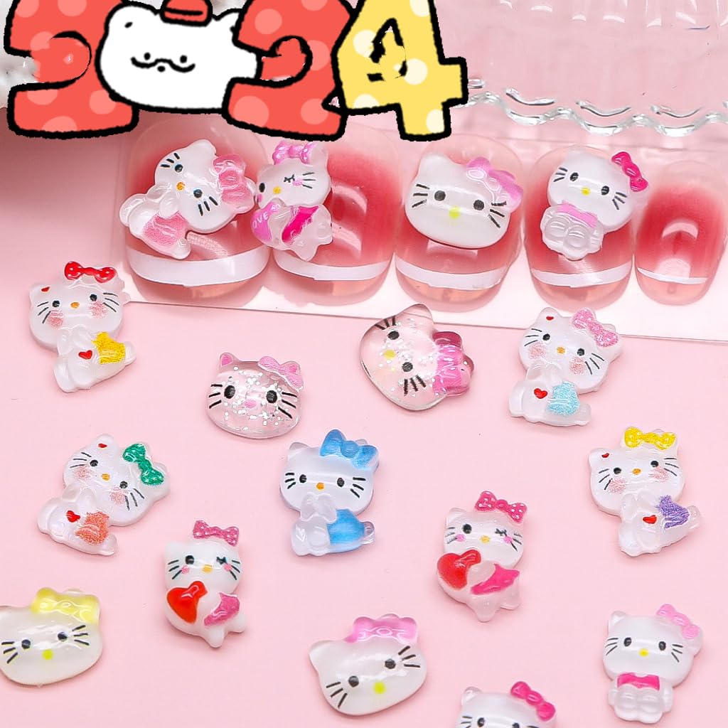 Dedyel 74 PCS 3D Kitty Nail Art Charms, 3D Cute Cat Nail Art Charms Kawaii Flatback Resin Charms for Nail Art Decorations?7 Styles/37 Colors?