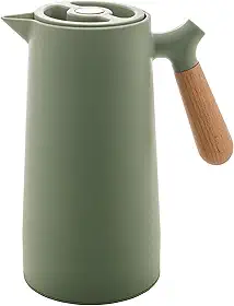 WOLFF - Garrafa Térmica de Plástico com Cabo de Madeira Nórdica 1L Verde - Mesa Posta - Itens Para Casa - Utensílios de Cozinha - Perfeita Para Café e Chá