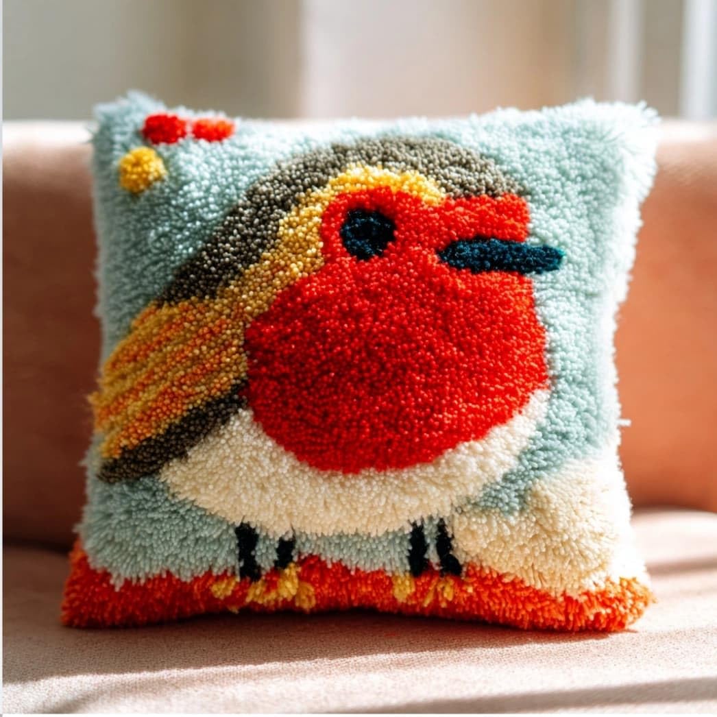 AxiangziK Latch Hook Pillow Kit Robin 43X43Cm