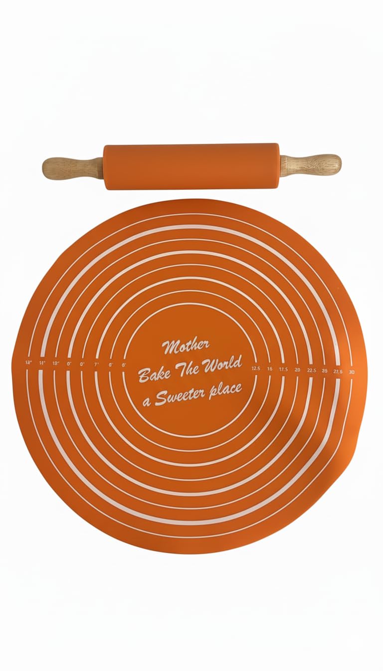 Silicone Non-Stick Rolling Pin & Pastry Mat Set – Adjustable Thickness, Food-Grade Silicone, Heat-Resistant, Easy-Clean Baking. (Orange)