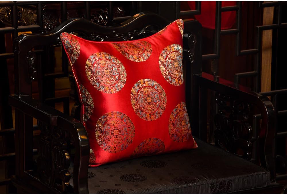 ChinaFurnitureOnline Red Dragon Phoenix Motif Chinese Silk Pillow (#36)