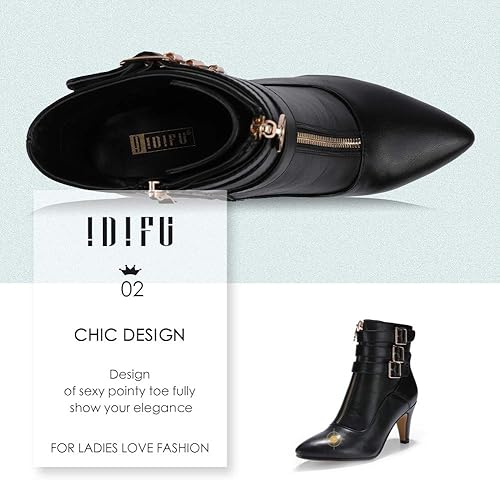 Miniatura 4 de IDIFU Botines de vestir al tobillo con hebilla y correa para mujer, tacón de 3 pulgadas, puntiagudos, con cierre, ideales con vestido o jeans