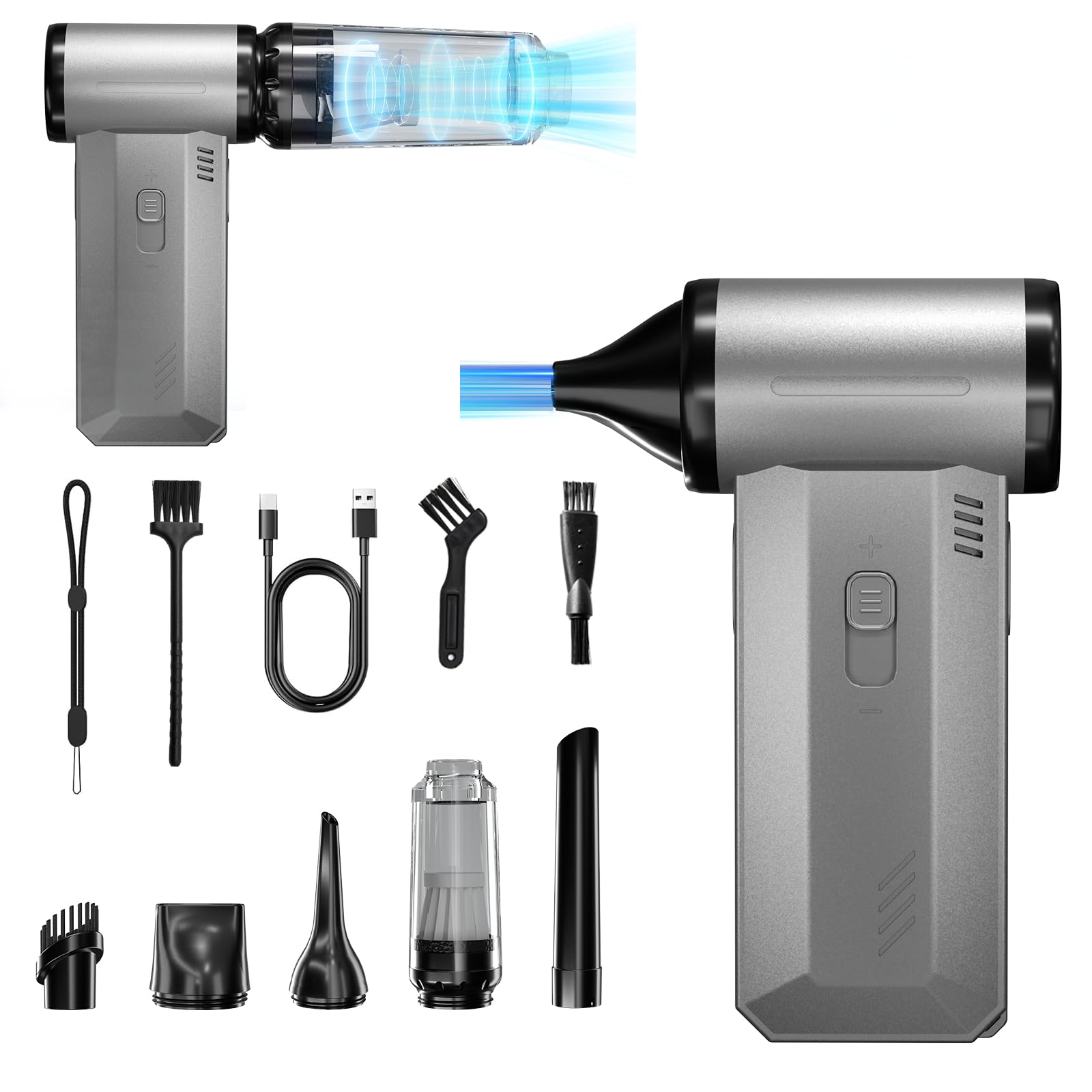 Souffleur Air Comprimé PC, 2 in 1 Souffleur & Aspirateur, 200000 tr/min Grande Vitesse Réglage Infini Bombe Air Sans Fil Puissant avec Batterie 8000mAh, Compucleaner pour Clavier, Voiture, Canapé