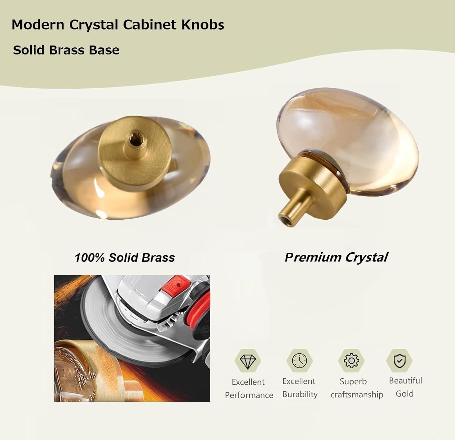 Champagne-Bronze Crystal-Brass Drawer Cabinet Knobs - 5 Pack Glass Brushed Gold pulls Hardware for Dresser Kitchen Bedroom Bathroom