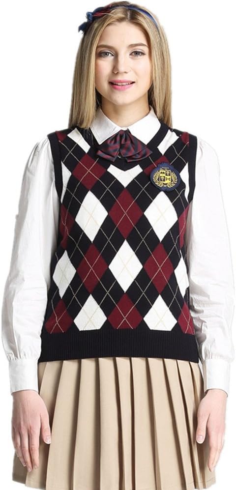 Etongenius red Cotton v Neck Argyle Knit Sweater Vest for Women and Girls