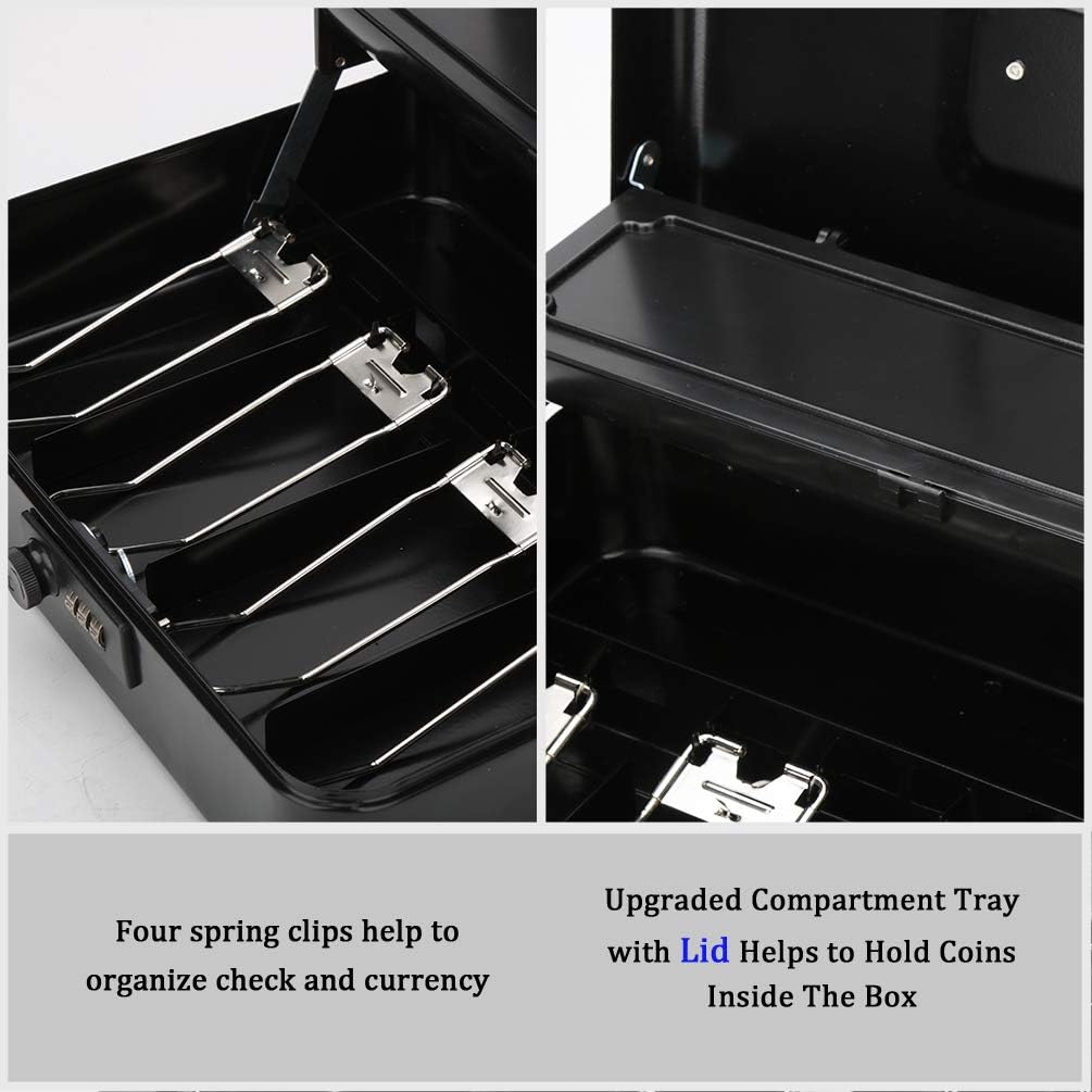 Cash Box with Money Tray and Combination Lock, Parrency Large Money Box, 5 Compartments with Cover for Cions & 4 Spring-Loaded Clips for Bills, 11 4/5" x 9 2/5" x 3 1/2", Black : Office Products
