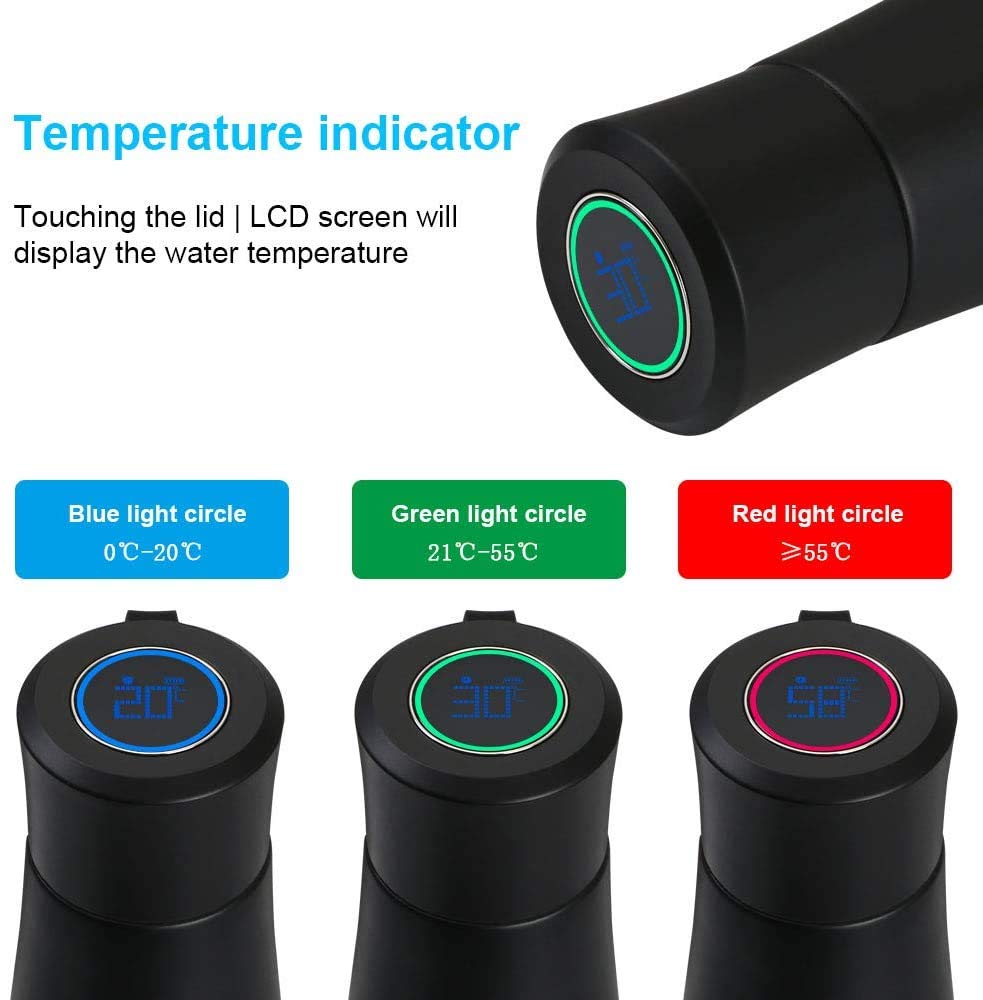 flintronic Bottiglia Acqua, Ricaricabile LCD Termiche Borracce, Isolamento Sottovuoto Coppa da Viaggio, Borraccia Termica 400ML(1*Cavo USB e Borsa per Bottiglia Inclusi) per Scuola, Sport, Yoga