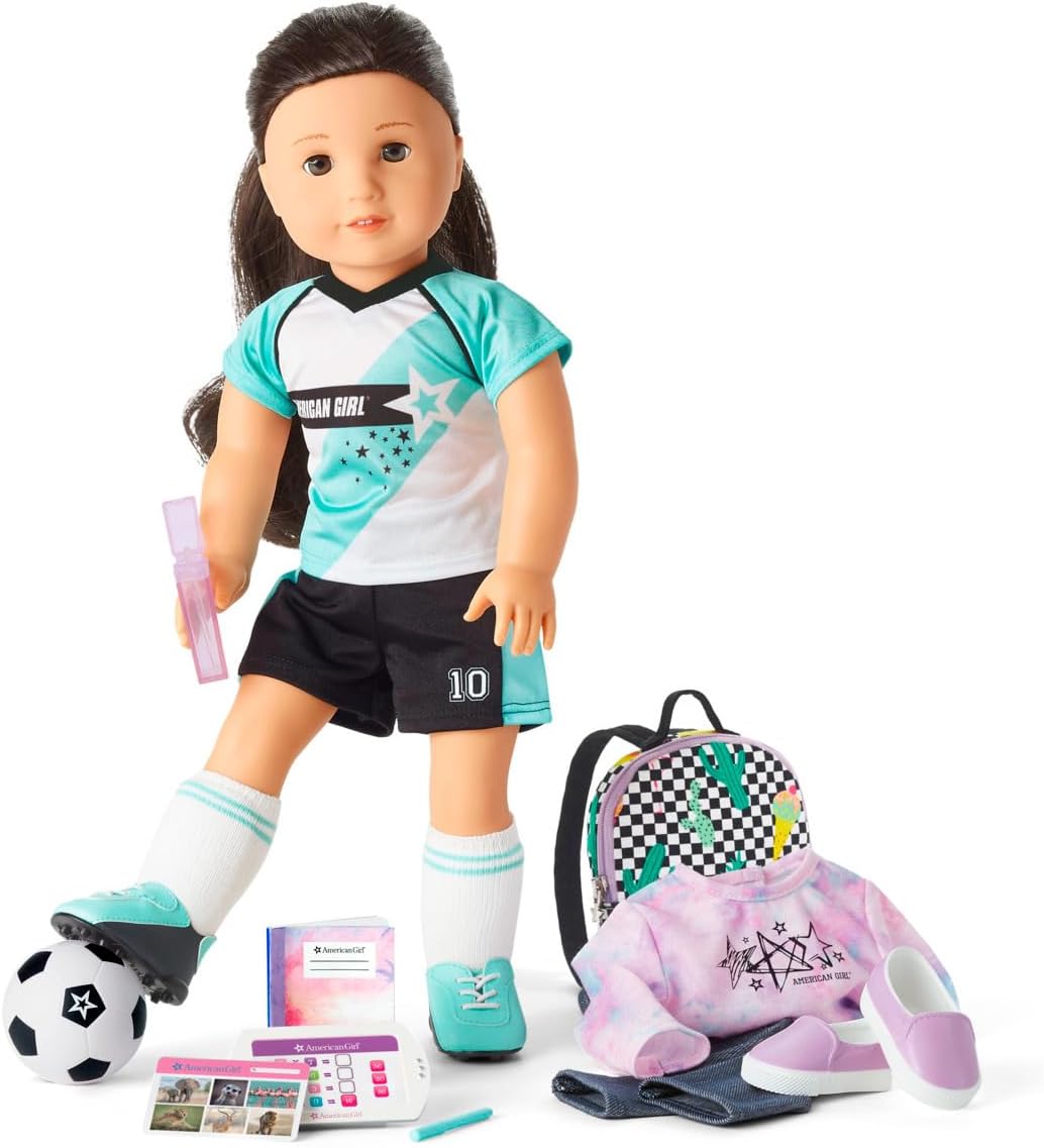 American Girl Truly Me 18-inch Doll 27 & School Day to Soccer Play Playset with Supplies, Uniform, and Ball, For Ages 6+