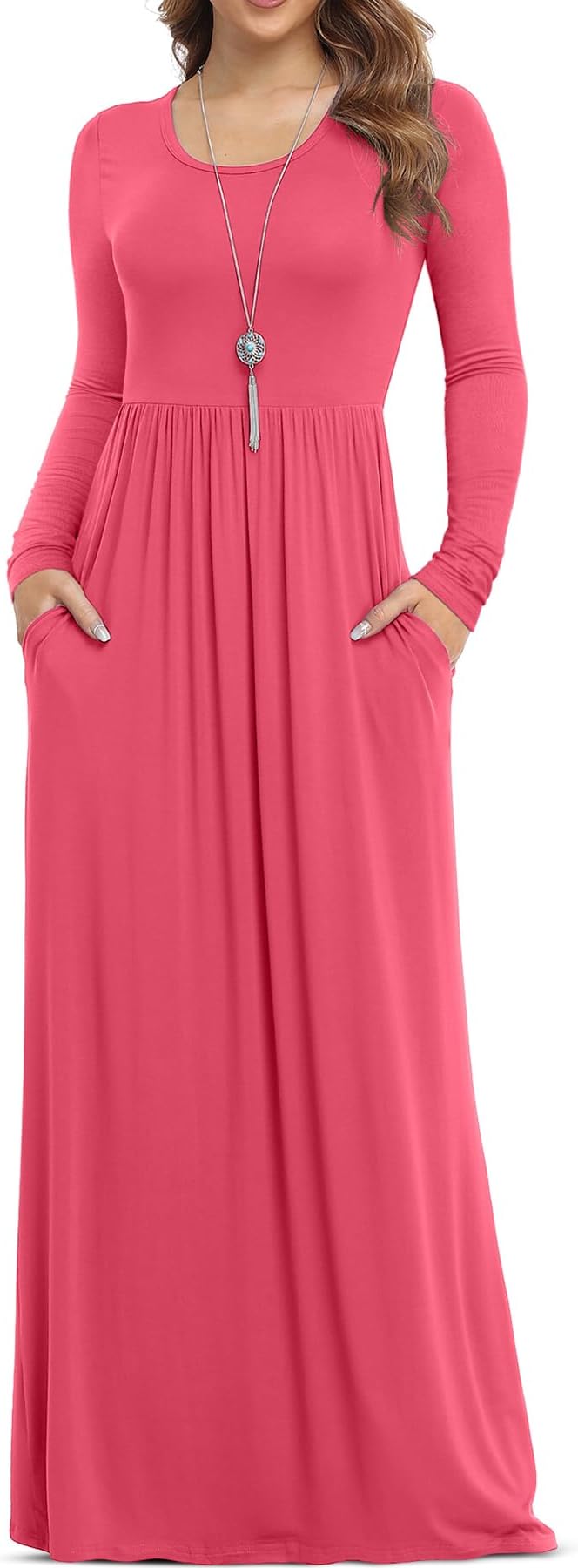 Women's Long Sleeve Loose Plain Maxi Dresses Casual Long Dresses with Pockets
