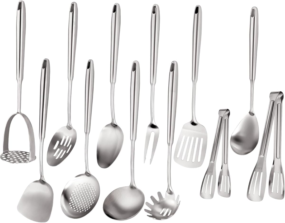 304 Stainless Steel Cooking Utensils Set, Stainless Steel Kitchen Utensils, 12 PCS Long Large Metal Cooking Utensil Tools Set, Potato Masher, Fork, Tongs, Pasta, etc (Dishwasher Safe)