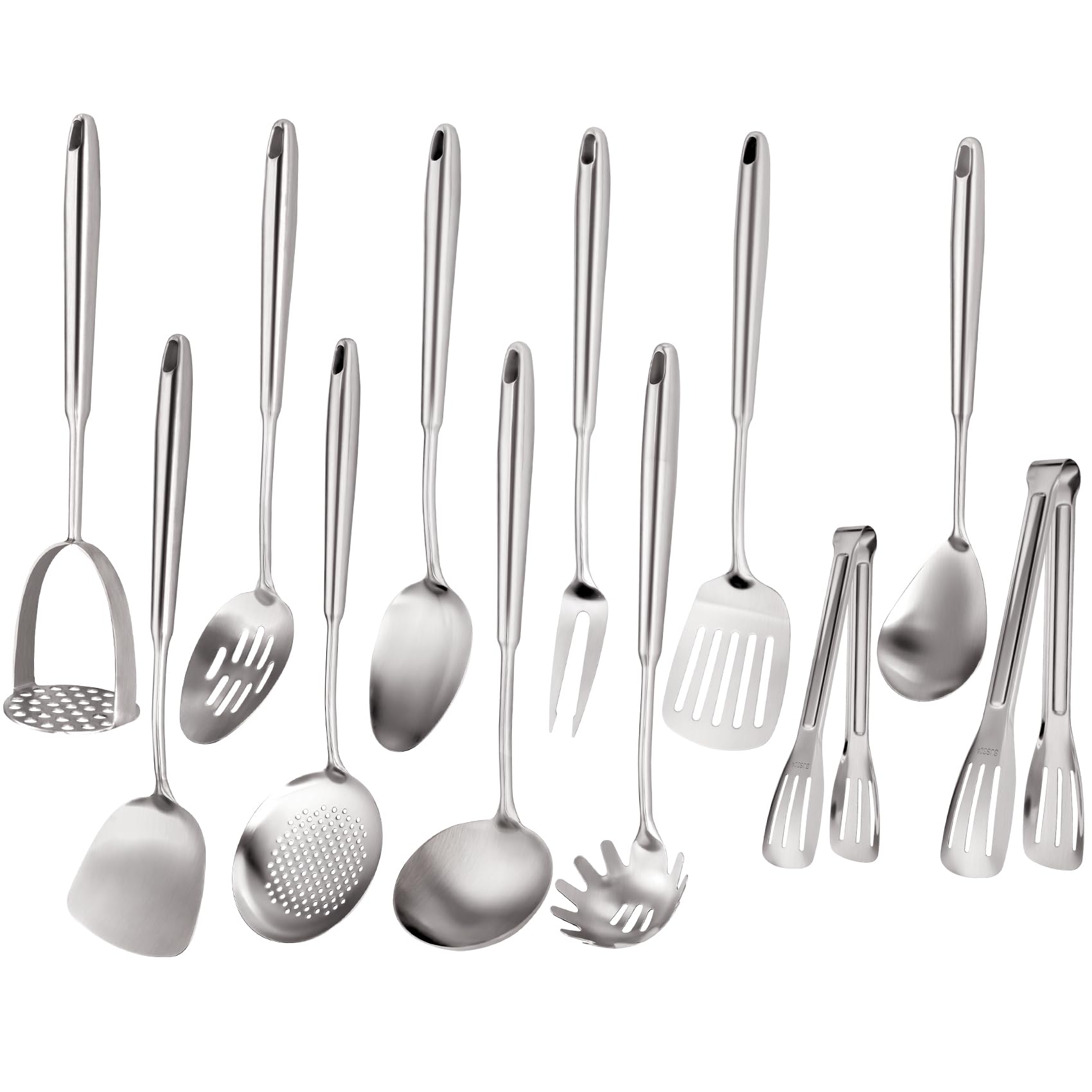 Juego de utensilios de cocina de acero inoxidable 304, utensilios de cocina de acero inoxidable, juego de 12 utensilios de cocina de metal largos y grandes, triturador de patatas, tenedor, pinzas