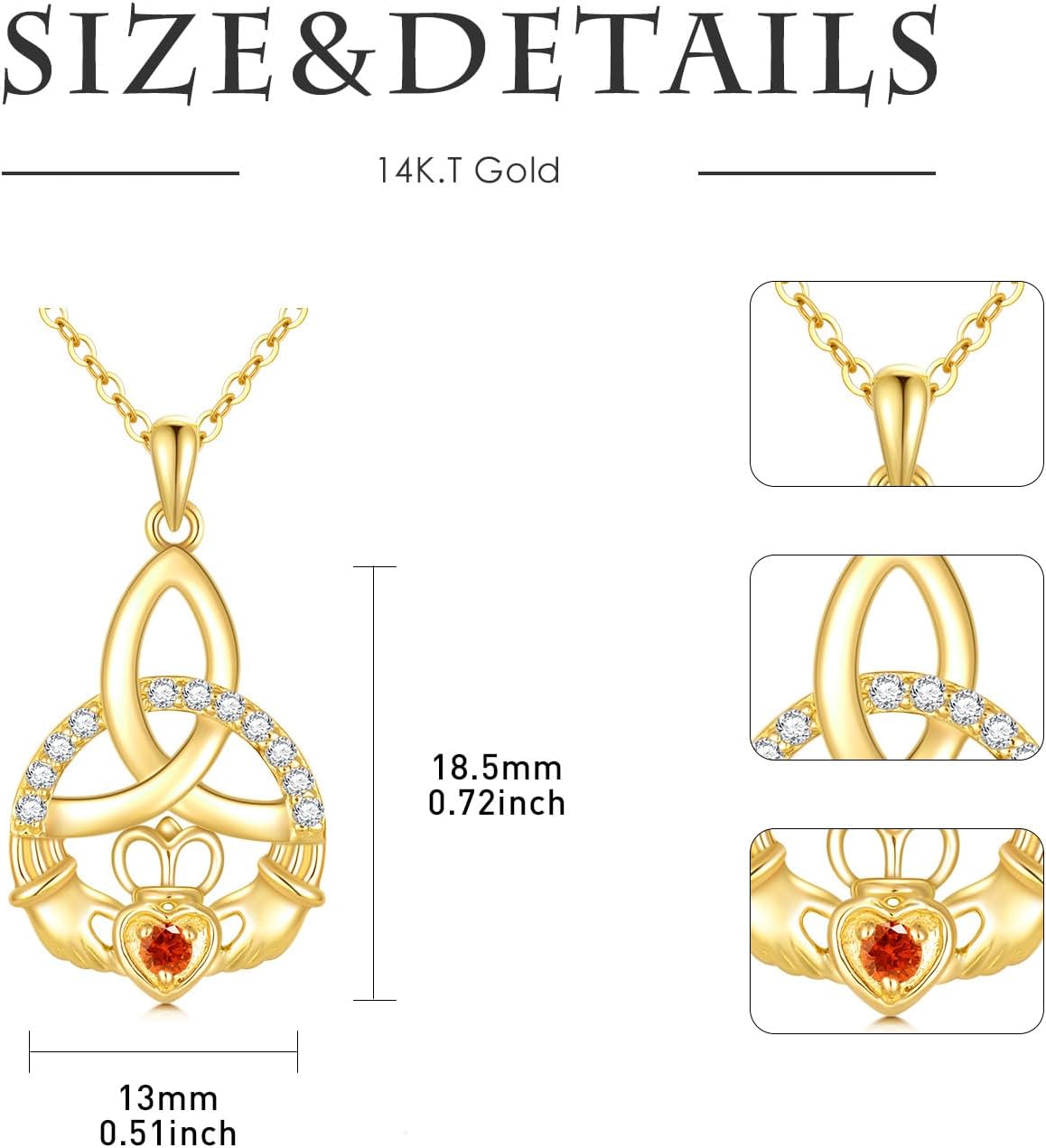 14K Solid Gold Claddagh Necklace for Women,14kt Real Gold Celtic Knot Claddagh Pendant Necklace Irish Jewelry Gifts for Her Wife Mom Birthday Christma,16"+1"+1" - Image 5
