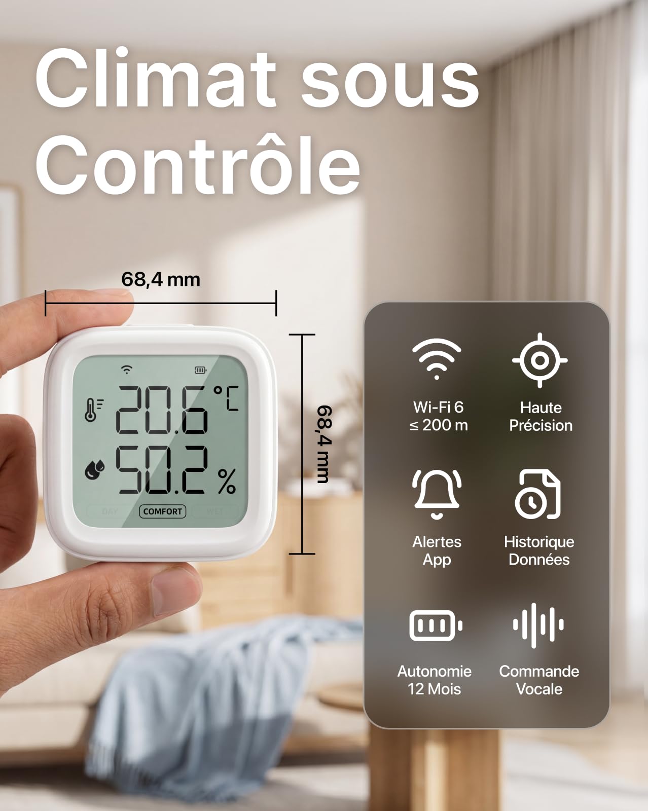 Thermo-hygromètre Wi-Fi intérieur portée 200m, appareil connecté haute précision, Alertes app et export de données inclus, Contrôlez température et humidité pour chambre bébé, sous-sol, 2-Pack