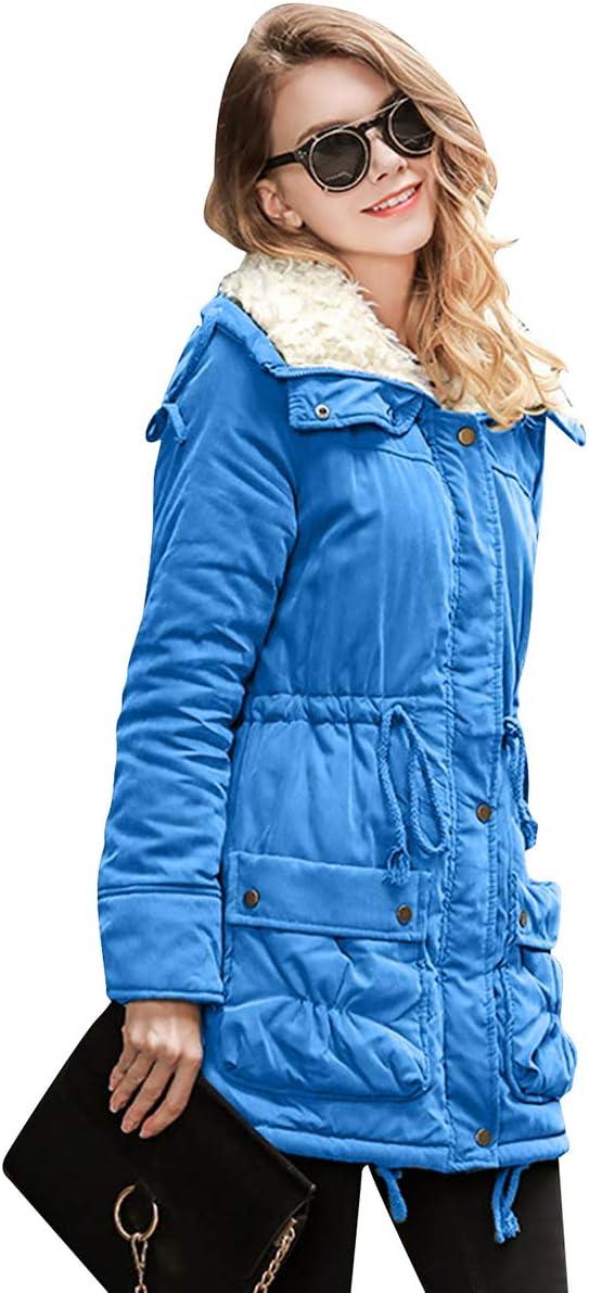 TYQQU Women's Faux Fur Lined Thickened Jackets Lapel Collar Drawstring Winter Overcoat