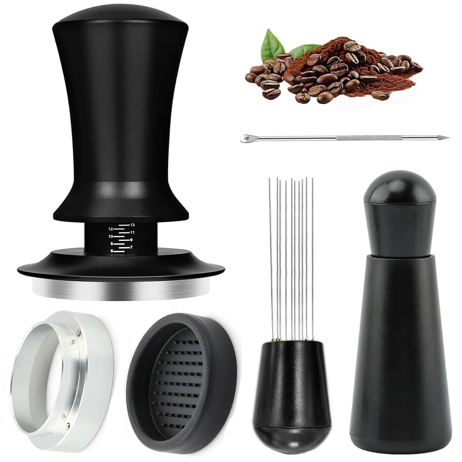 51mm Espresso Accessories Kit for Espresso Machine, Spring Loaded Coffee Tamper with Base, WDT Tool, Dosing Funnel & Latte Art Needle, 5Pcs Barista Set
