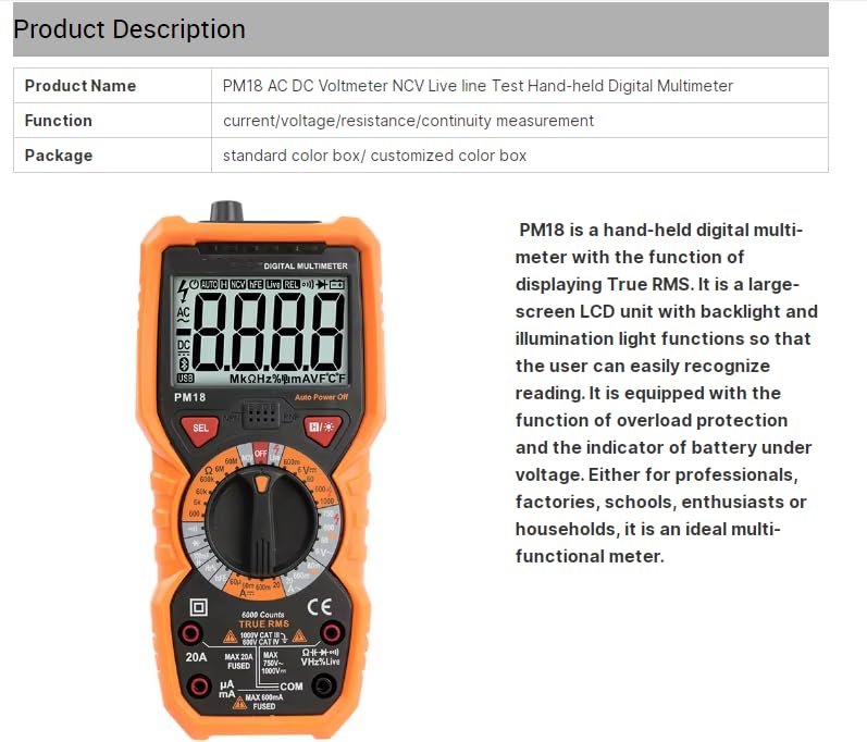 PM18 Voltmeter NCV Liveline Test Hand-held Digital Multimeter TrueRMS Amperemeter