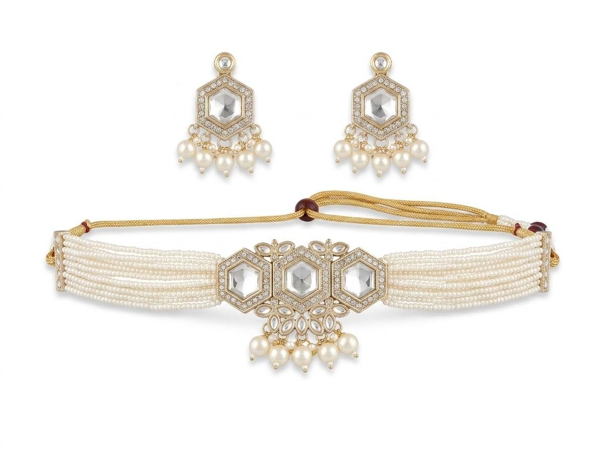 Kundan Choker Necklace and Earrings Pearl Jewellery Set-image-10
