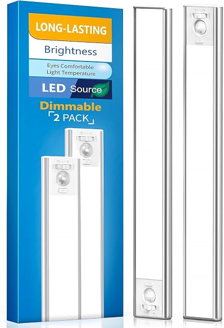 Under Cabinet Lighting, LED Motion Sensor Light Indoor, 2200mAh USB Rechargeable Closet Lights Battery Operated, Stick On Magnetic Wireless Dimmable Under Counter Lights for Kitchen, Stairs (2 Pack)