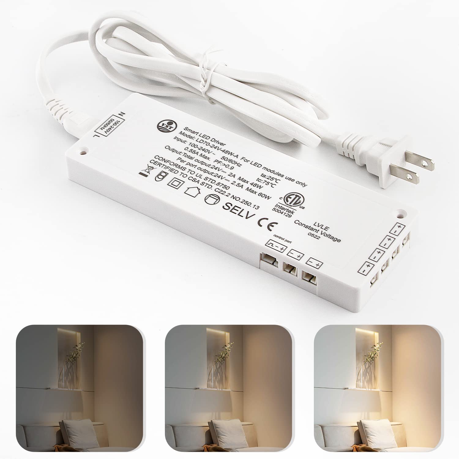VST 100W LED Power Supply 100V-240V AC to 24V DC Low Voltage Transformer with 24V JST Ports, ETL Listed Black Dimmable LED Driver for LED Strip Lights and Cabinet Lights