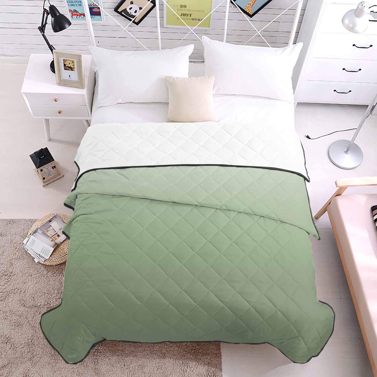 T&H XHome Quilt Full Size Luxury Quilted Comforter Bedspread-Thin Soft Cozy, Sage Green Ombre Color Gradient Reversible Stitched Lightweight Quilt Coverlet for All Season