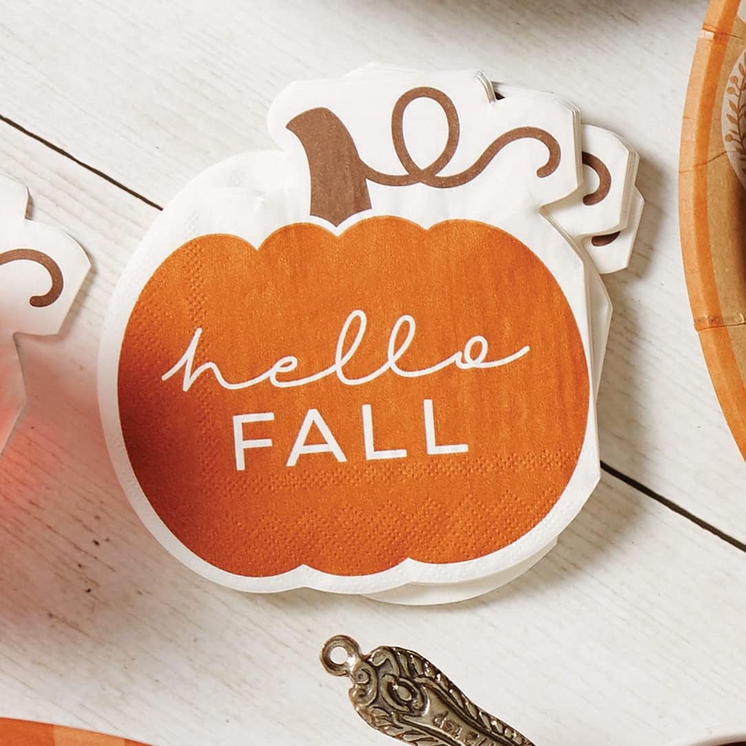 C.R. Gibson TW4-24063 Hello Fall Pumpkin Disposable Paper Cocktail Napkins for Thanksgiving and Halloween, Orange, 20pcs, 5" x 5"