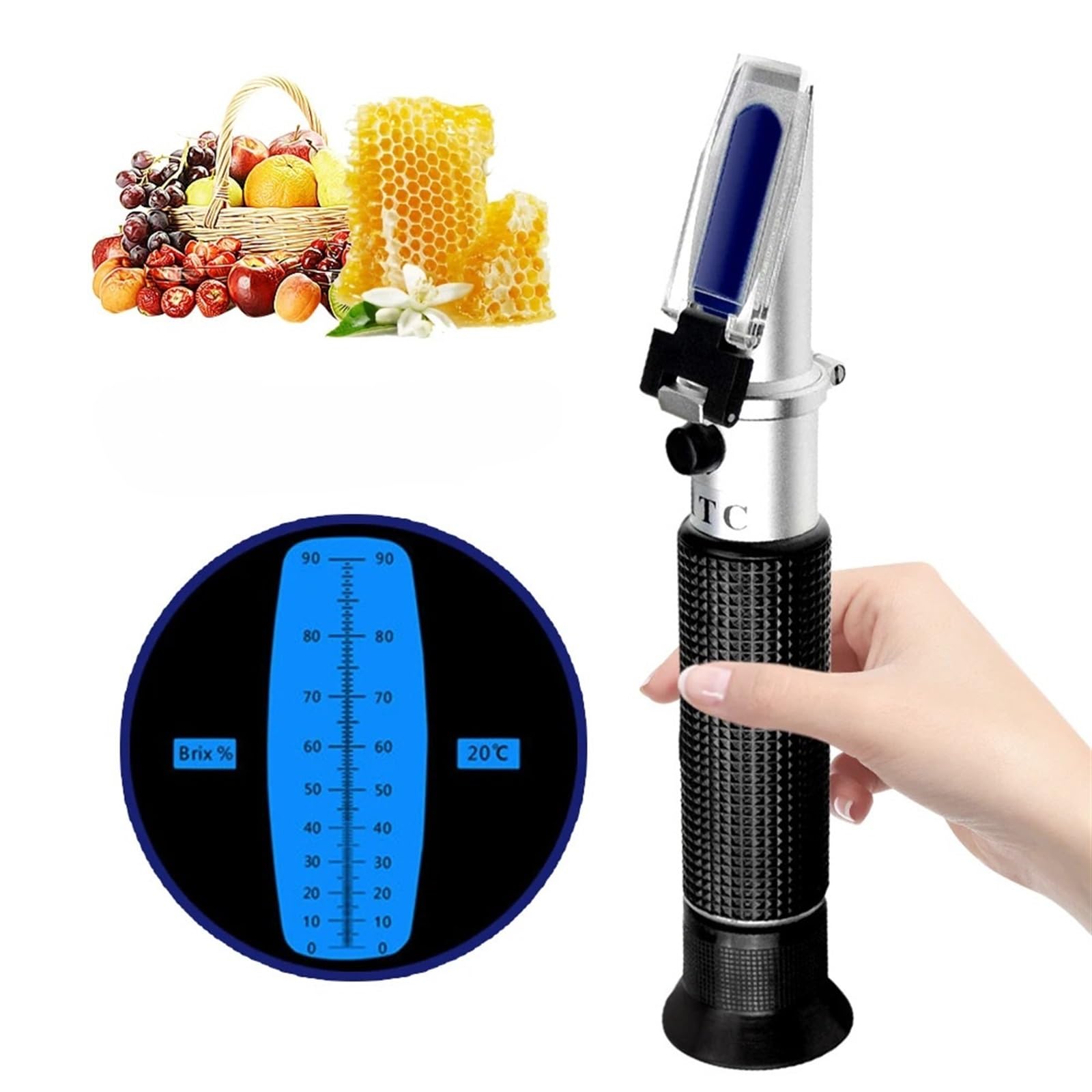 Kogedss One Color Refractometer, 0-90% Sugar Refractometer Food Content Juice Liquid Atc Measurement Tool