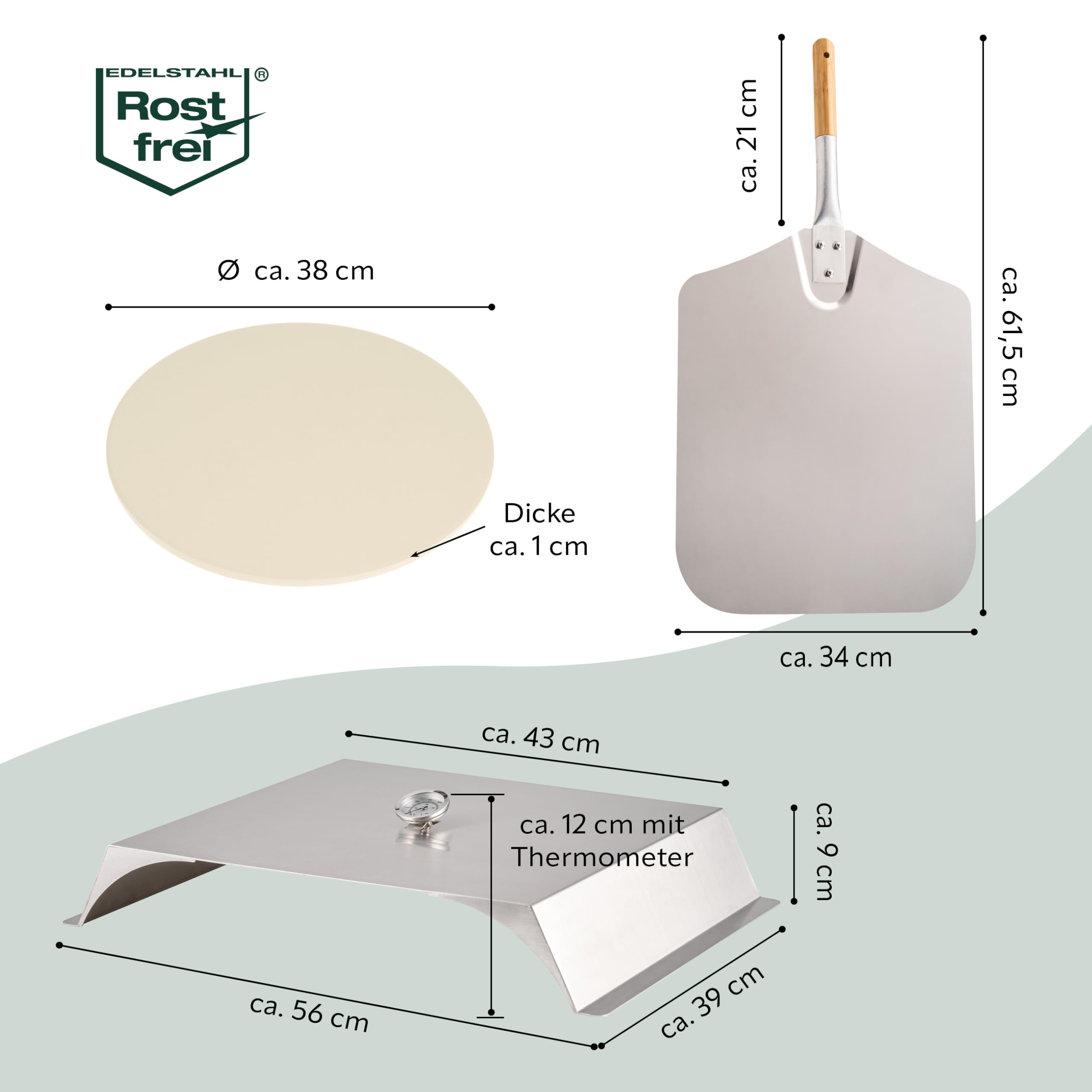 Bremermann Pizza-Aufsatz für Grills mit Thermometer, Schaufel und Pizzastein, 56 x 9 x 38 cm