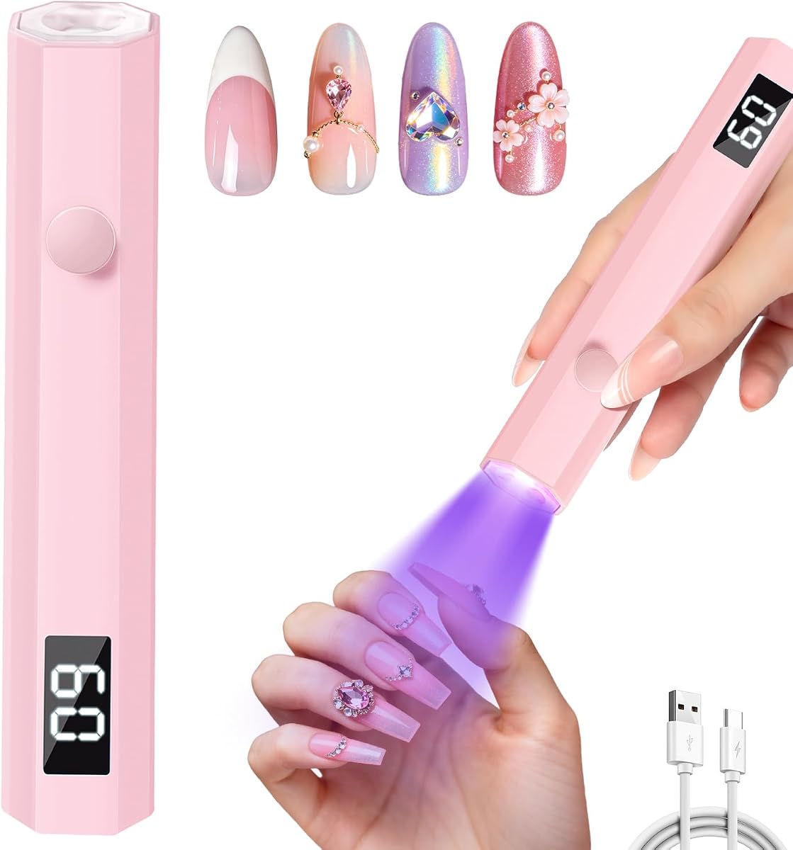 Lámpara de uñas UV de mano Krofaue, recargable de 180 mAh, temporizador de 20/60 s, LCD | Mini portátil, curado rápido de 3W, batería de 180mAh, uso inalámbrico de 40 minutos, temporizadores de 20s/60s, para esmalte en gel, bricolaje en casa, salón, viajes