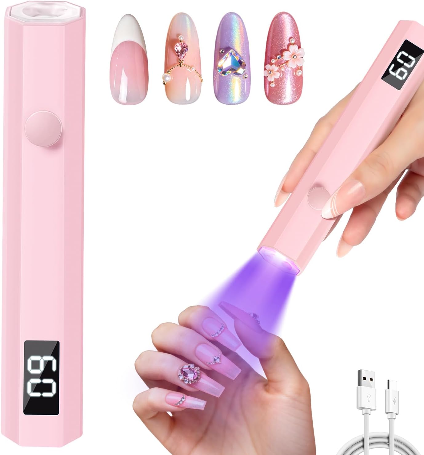 Krofaue Handheld UV Nail Lamp, 180mAh Rechargeable, 20/60s Timer, LCD