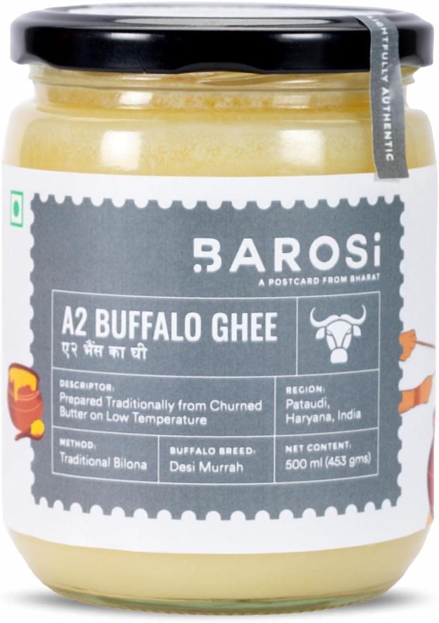 Barosi Premium Buffalo Ghee 500 Ml | Vedic Bilona Method | Churned From Curd | Pure & Natural | Farm Made In Small Batches | Glass Jar Packing