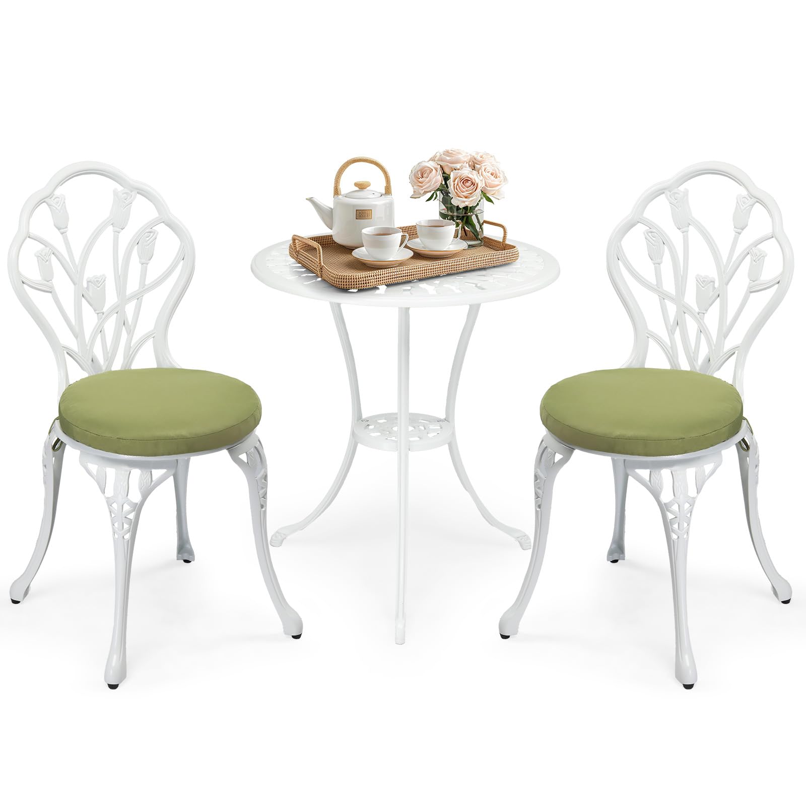 Bonnlo 3 Piece Patio Bistro Set with Seat Cushion, Cast Aluminium Bistro Table and Chairs Set 2, Tulip Design (Fresh White & Green)