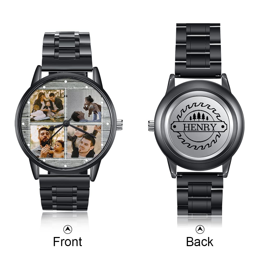 lorajewel Orologio da uomo Personalizzato Nome Data Foto,Chronografo sportivo al quarzo Moda Affare Impermeabile Orologi da polso Acciaio inossidabile Nero per il giorno del papà