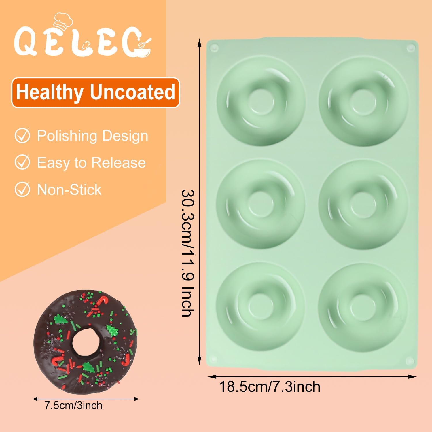 QELEG Silicone Donut Mold, 2 Pack Non-Stick Silicone Bagels for Baking Doughnut Pan Set, Reusable Mold Tray for Donuts and Bagels Green 2Pcs/6-Cavity